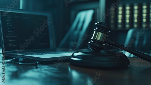 legal technology concept with a judges gavel resting on a desk alongside a laptop symbolizing the fusion of law and technology in modern legal practices