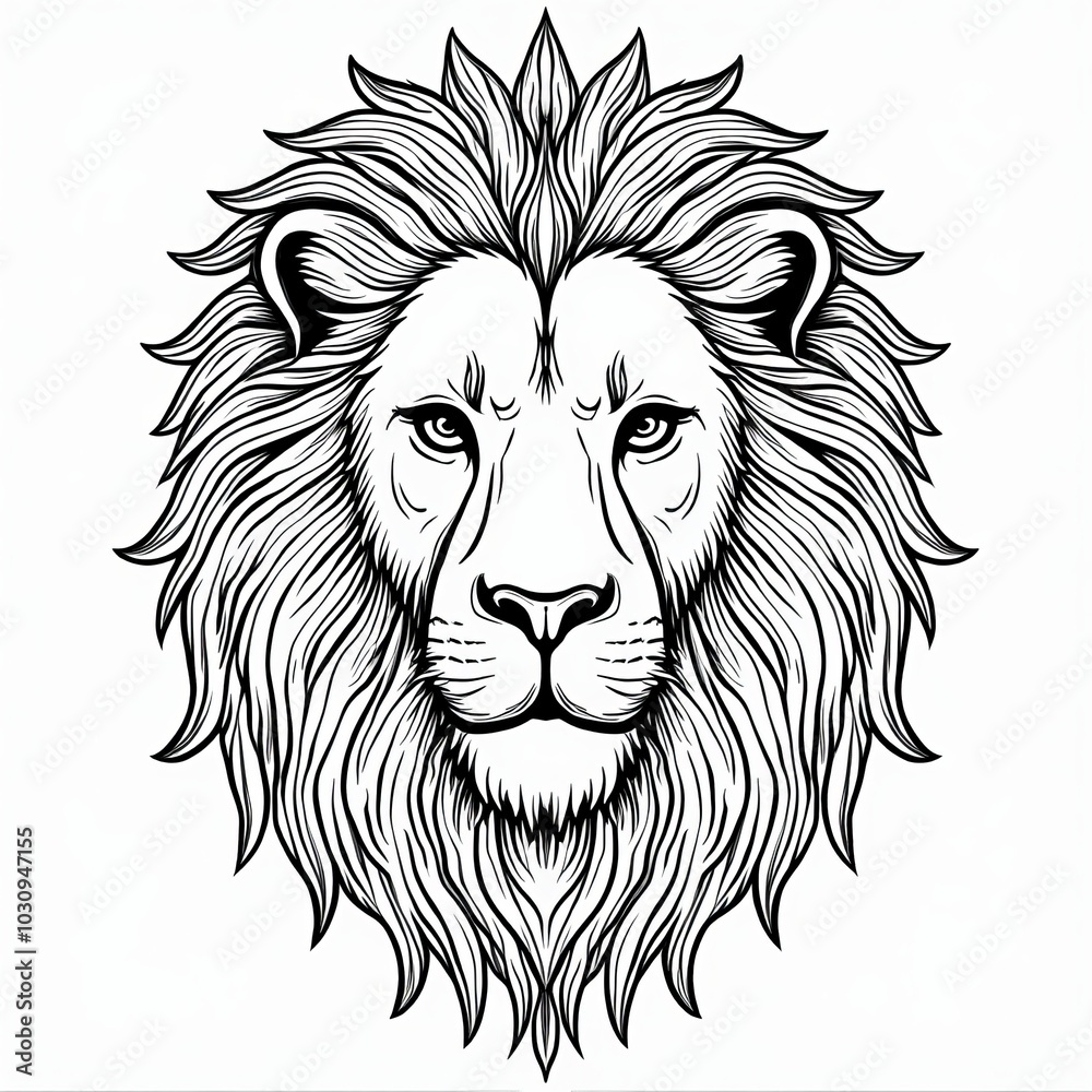 Fototapeta premium Detailed line art illustration of a lion's face with intricate mane design on a plain background