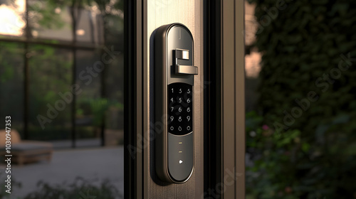 Close-up rendering of a biometric smart door lock with a digital keypad   photo