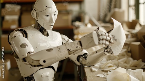 A White Humanoid Robot Examining a Crumpled Piece of Paper photo