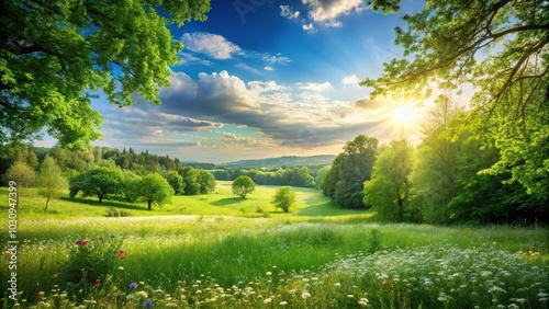 summer meadow landscape with lush greenery silhouette photo