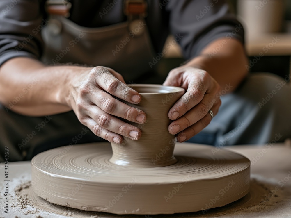 Hands of an artisan shaping a clay pot on a pottery wheel, highlighting the craftsmanship and artistic process of pottery making Hands of an artisan shaping a clay pot on a pottery wheel, highlighting the craftsmanship and artistic process of pottery making