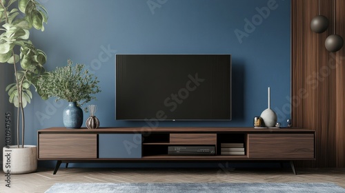 modern tv stand design with blue wall in the room decoration idea 3D rendering