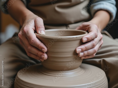 Hands shaping a clay bowl on a pottery wheel, highlighting the art of ceramics and the craftsmanship involved in pottery making