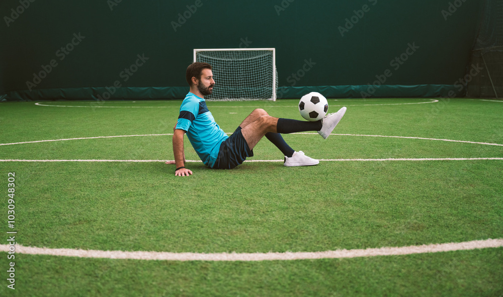 Fototapeta premium Cinematic image of a soccer freestyle player making tricks with the ball.
