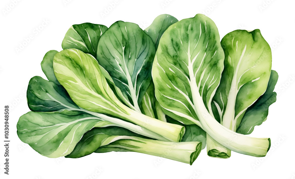 Watercolor illustration of fresh bok choy salad leaves isolated on a transparent background. Healthy food, cooking and lifestyle. Botanical image for card, poster, textile, menu, kitchen, book.