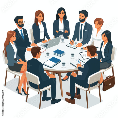 Partners meeting for business discussion with documents and laptop on desk. Couple at round table, speaking, discussing work, partnership. Flat vector illustration isolated on white background
