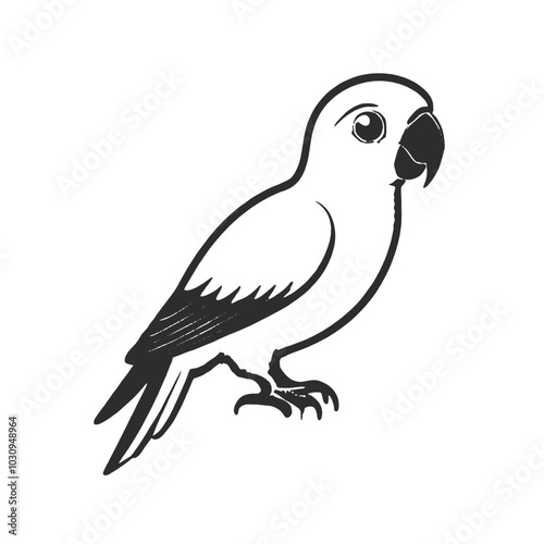 A black and white illustration of a parrot 