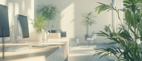 Sunlit Office Oasis: Modern workspace bathed in sunlight, featuring sleek computers, lush indoor plants, and a calming atmosphere. Perfect for showcasing productivity, well-being.