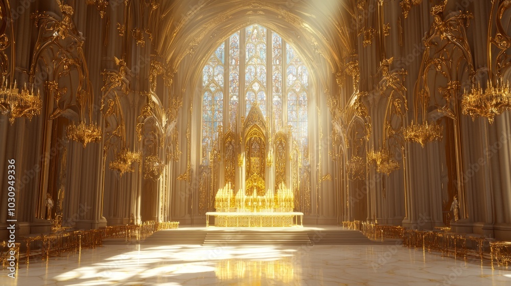 Majestic Gothic Altar with Ornate Wood Carvings and Stained Glass - Ultra-Detailed 3D Render Illustration