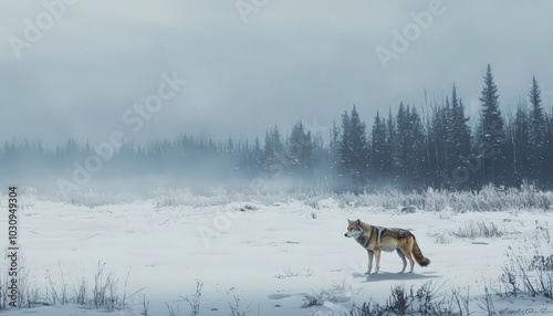 A lone wolf commands a snowy expanse under winter's grip