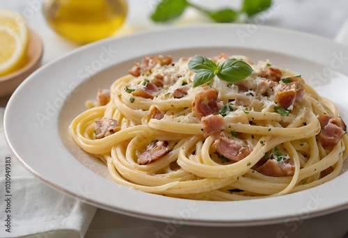 Traditional Italian pasta Carbonara, Spaghetti with bacon, egg and parmesan cheese