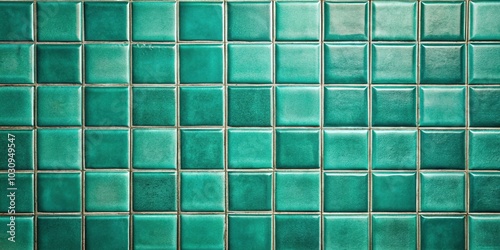 Teal green vintage square tile wall background with shallow depth of field