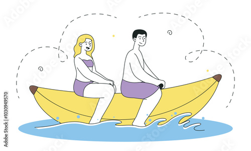 People on banana. Man and woman on rubber boat ride in sea or ocean. Tourists at paradise and resort. Holiday and vacation. Linear vector illustration