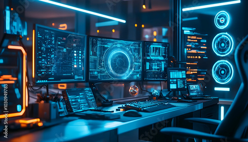 Cyber World of Expensive Gadgets, A Futuristic Desk with Neon Lights and Advanced Tech Devices 