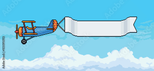 Pixel art of an airplane towing a blank advertising banner over a clear blue sky with clouds during a sunny day, 8 bit style game background