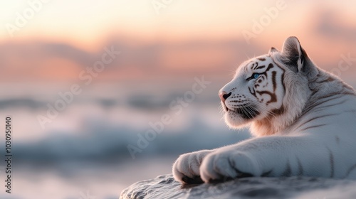 An enchanting shot of a white tiger relaxing on a rocky platform by the ocean, its gaze fixed on the captivating sunset horizon, embodying grace and tranquility. photo