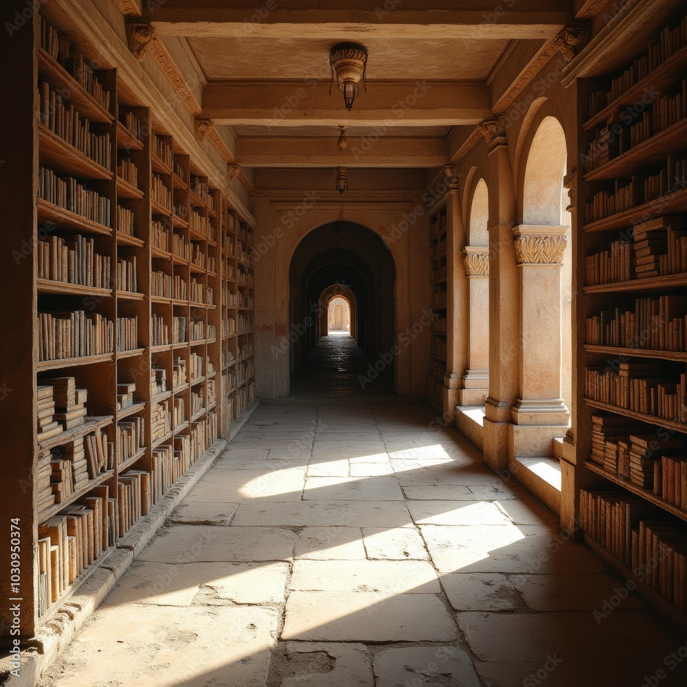 A tranquil library with ancient architecture featuring wooden shelves and stone floors illuminated by soft sunlight A tranquil library with ancient architecture featuring wooden shelves and stone floors illuminated by soft sunlight
