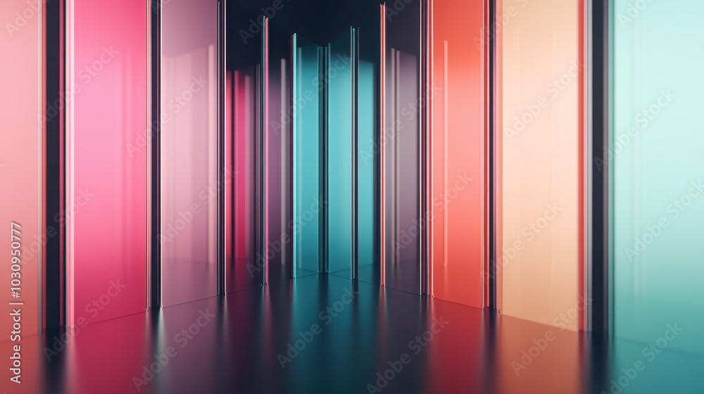 A beautifully designed hallway featuring vibrant colors and reflective surfaces intertwines light and color, creating an abstract vision of modernity and style. A beautifully designed hallway featuring vibrant colors and reflective surfaces intertwines light and color, creating an abstract vision of modernity and style.