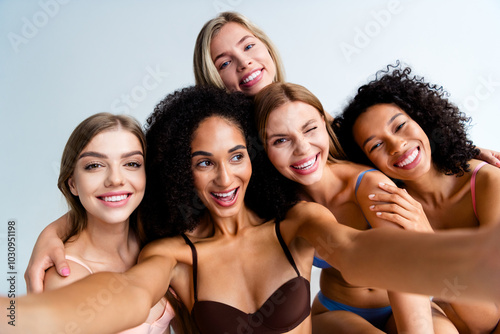 Portrait of five lovely model girls smile eye wink take selfie be yourself isolated on studio background