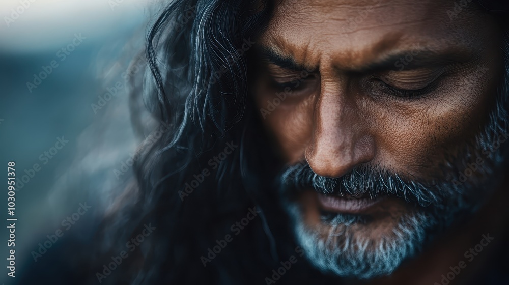 A man with long flowing hair deep in thought, captured in a serene setting with natural soft lighting that highlights the textures and emotions on his face. A man with long flowing hair deep in thought, captured in a serene setting with natural soft lighting that highlights the textures and emotions on his face.