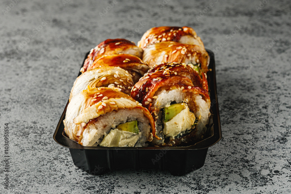 Fresh Sushi Rolls with Salmon and Tuna, Japanese Cuisine on a Gourmet Seafood Plate Fresh Sushi Rolls with Salmon and Tuna, Japanese Cuisine on a Gourmet Seafood Plate