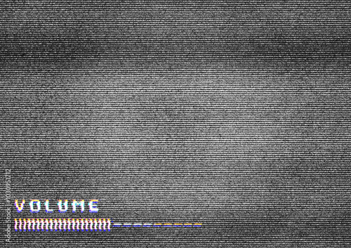 Retro tv volume control bar. TV screen texture. HDTV no signal problems. Bad TV signal on TV screen Noise of motion background lines. Glitch VHS concept. White glitch effect television sign photo