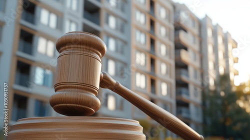 Wooden gavel with a residential apartment building in the background photo