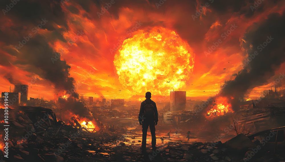 Fototapeta premium Epic End of the World Scene, Apocalyptic Doomsday with Nuclear Destruction, Illustrated Chaos