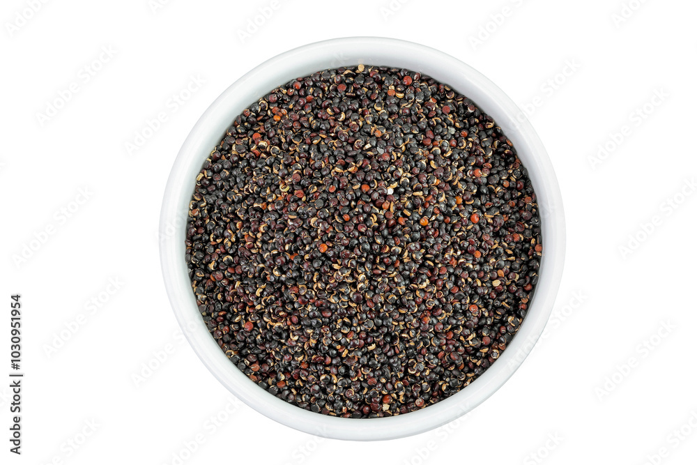 black quinoa in ceramic bowl isolated on white background. Top view. Flat lay black quinoa in ceramic bowl isolated on white background. Top view. Flat lay