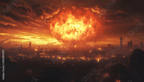 Epic End of the World Scene, Apocalyptic Doomsday with Nuclear Destruction, Illustrated Chaos  