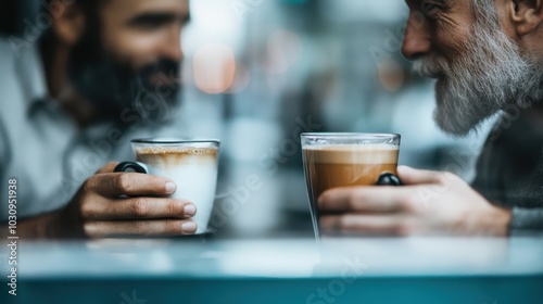 Captured through a glass window, two men engage in animated conversation over coffee, reflecting genuine friendship and connection in a warm setting.