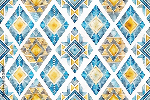 Watercolor geometric seamless pattern with blue, mustard, and grey boho rainbow on white background