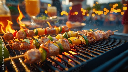 Sizzling skewers a culinary delight of grilled meats and vegetables at a lively outdoor feast photo