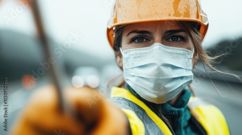 A determined woman in a protective face mask, hard hat, and safety vest stands on a roadside, signaling traffic, representing safety and responsibility. photo