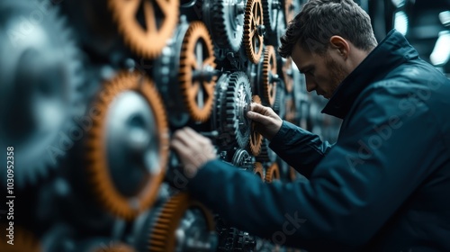 A man works diligently adjusting a series of large, interlocking industrial gears within a factory setting, symbolizing hard work and precision engineering. photo