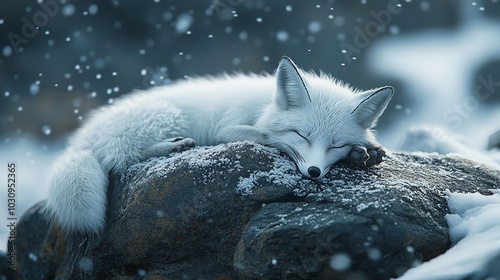 Arctic Fox Sleeping on Rocks During Snowfall 8K Photorealistic photo