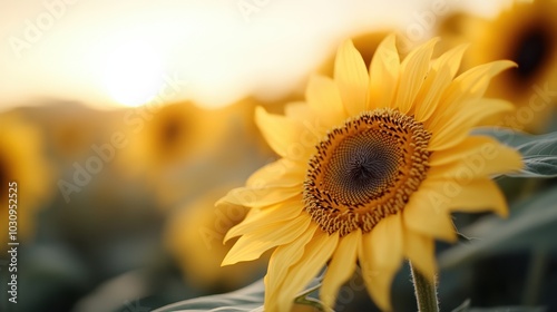 A striking sunflower stands tall in a sunlit field, its bright yellow petals glowing warmly with the sun setting behind it, creating a natural, serene scene. photo