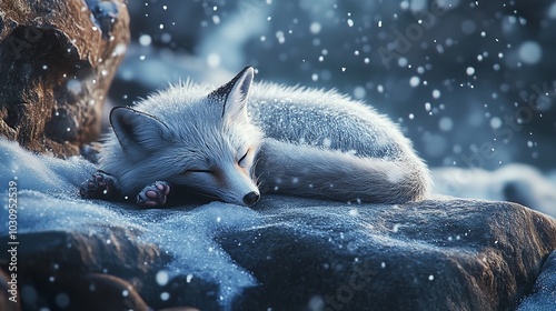 Arctic Fox Sleeping on Rocks During Snowfall 8K Photorealistic photo