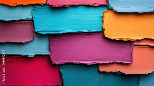 The image shows a dynamic arrangement of colorful paint strokes in pink, blue, orange, and teal, creating a vivid, abstract, and artistic composition on canvas. photo