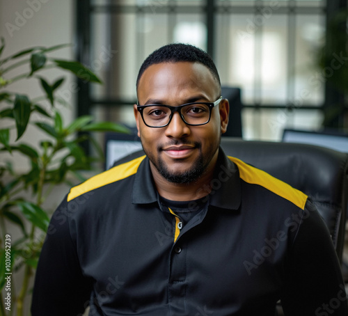 happy black man in their 20s, operations manager, sporty modern attire, blurry background, plants in the office
