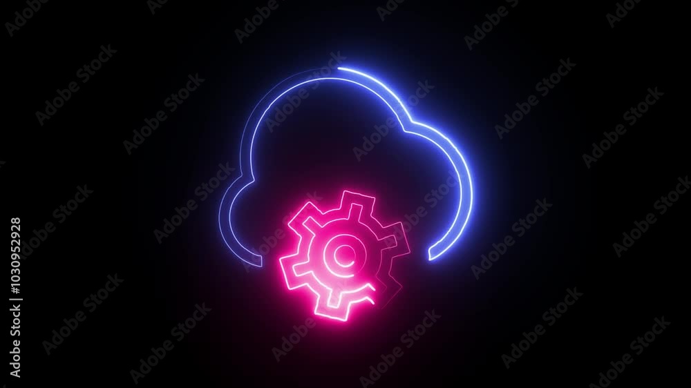 Glowing neon Cloud-gear-automation icon isolated on black background. HD Video motion graphic animation Glowing neon Cloud-gear-automation icon isolated on black background. HD Video motion graphic animation