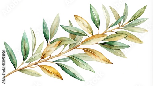 watercolor painting of sage and gold leaves on olive branch