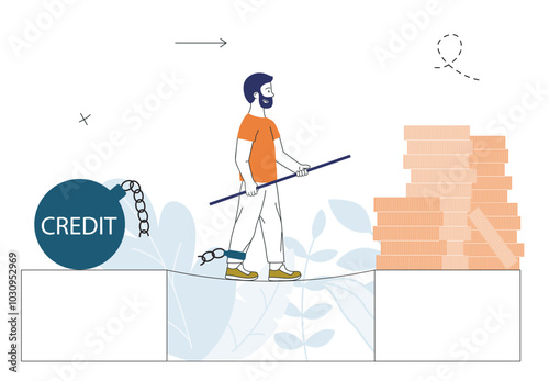 Man repay loan. Student with debt for education. Young guy walk at rope to golden coins. Business opportunities. Economic difficulties. Linear vector illustration