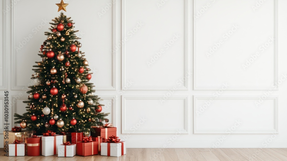Big beautiful christmas tree decorated with beautiful shiny baubles and many different presents on wooden floor. White wall background with a lot of copy space for text. Close up. Big beautiful christmas tree decorated with beautiful shiny baubles and many different presents on wooden floor. White wall background with a lot of copy space for text. Close up.