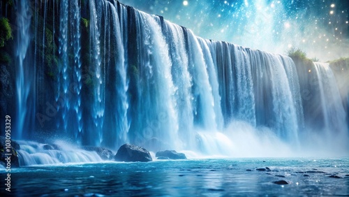 Waterfall scene with water particles and mist, Extreme Close-Up