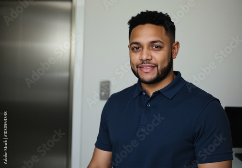 young black man in their 20s, muted polo shirt, sales representative, elevator, graceful and compelling