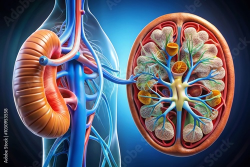 Detailed Nephron Structure in Kidney Anatomy for Educational Purposes and Medical Understanding of Renal Functionality photo