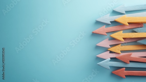 Colorful arrows are arranged sideways on a turquoise canvas, reflecting concepts of divergence, alternative perspectives, and contrast in a sophisticated abstract form.