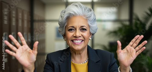 woman in their 60s smiling wide, receptionist, luxurious office attire, faded background, storage lockers, fern